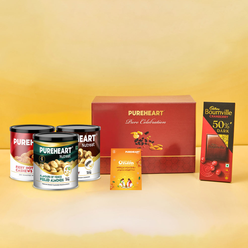PUREHEART Onam Gift Hamper Flavors of Venice, Pepper & Fiery Hot Cashews (333g, each), Cadbury Bournville Dark Chocolate with Gift Card,  Premium Dry Fruits