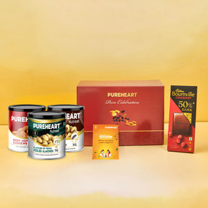 PUREHEART Onam Gift Hamper Flavors of Venice, Pepper & Fiery Hot Cashews (333g, each), Cadbury Bournville Dark Chocolate with Gift Card,  Premium Dry Fruits