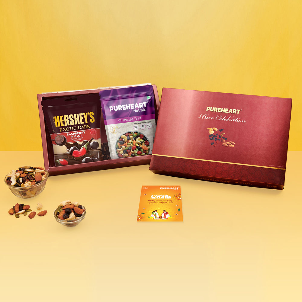 PUREHEART Pure Celebration Onam Gift Hamper - Cherokee Trail Mix (80 g) & Hershey's Kisses Chocolate with Gift Card.