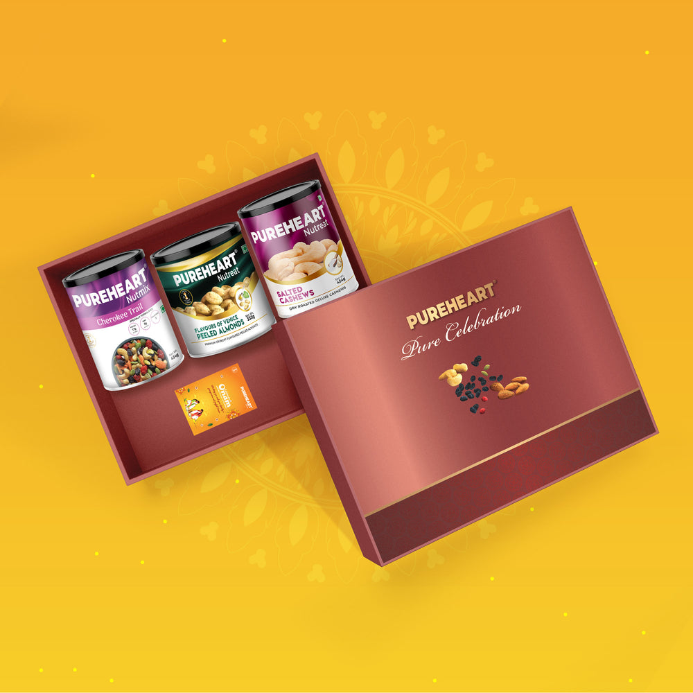 PUREHEART Onam Gift Hamper Salted Cashews, Cherokee Trail Mix (454g, each) & Peeled Almonds Flavours of Venice (333g), Bournville Dark Chocolate with Rakhi for Brother, Gift Card,