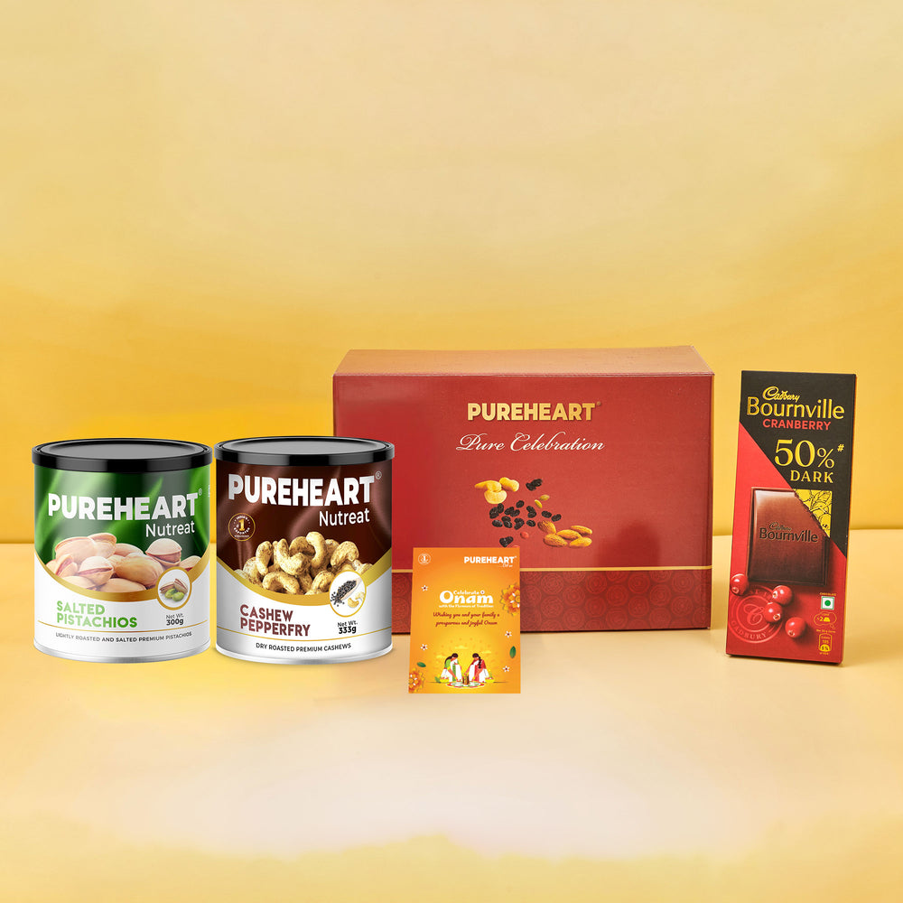 PUREHEART Onam Gift Hamper Pepperfry Cashews (333g) and Salted Pistachio (300g), Cadbury Bournville Dark Chocolate with  Gift Card,