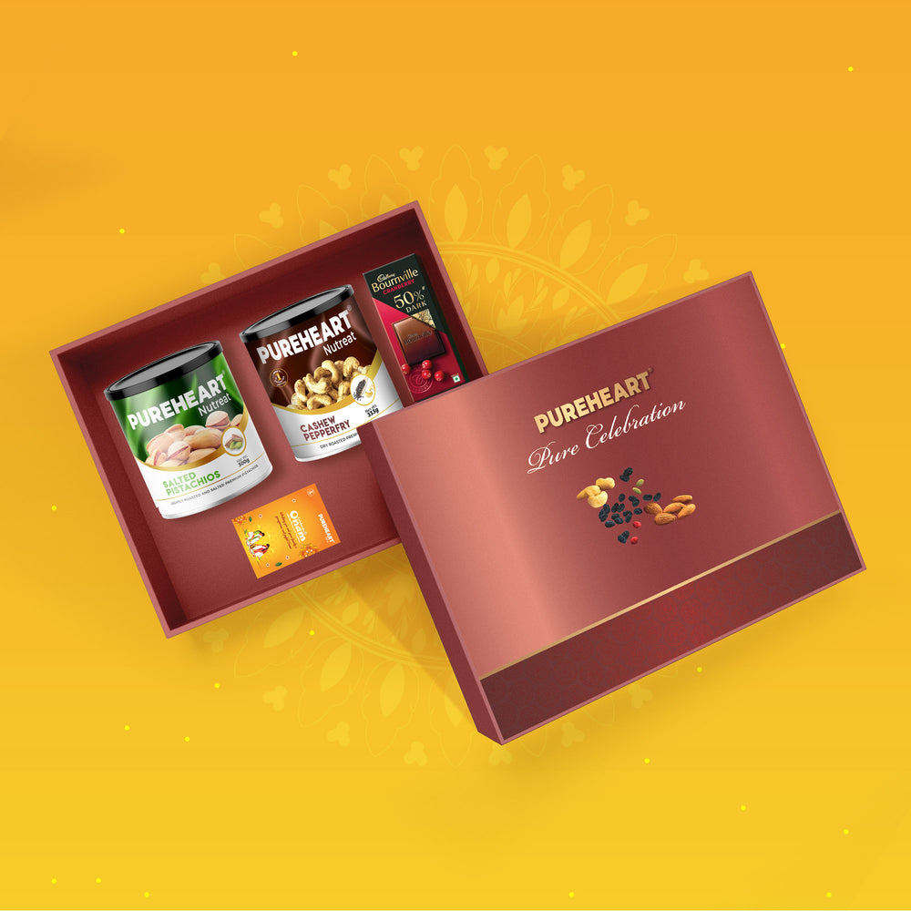 PUREHEART Onam Gift Hamper Pepperfry Cashews (333g) and Salted Pistachio (300g), Cadbury Bournville Dark Chocolate with  Gift Card,