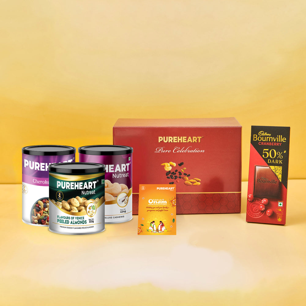 PUREHEART Onam Gift Hamper Salted Cashews, Cherokee Trail Mix (454g, each) & Peeled Almonds Flavours of Venice (333g), Bournville Dark Chocolate with Rakhi for Brother, Gift Card,