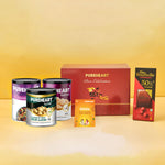 PUREHEART Onam Gift Hamper Salted Cashews, Cherokee Trail Mix (454g, each) & Peeled Almonds Flavours of Venice (333g), Bournville Dark Chocolate with Rakhi for Brother, Gift Card,
