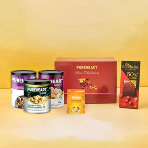 PUREHEART Onam Gift Hamper Salted Cashews, Cherokee Trail Mix (454g, each) & Peeled Almonds Flavours of Venice (333g), Bournville Dark Chocolate with Rakhi for Brother, Gift Card,