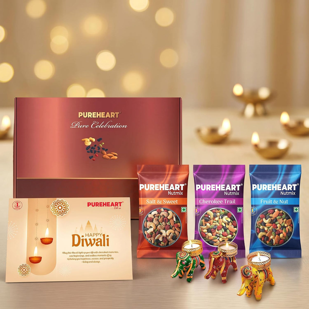 PUREHEART Diwali Gift Hamper - Trail Mix & Nutmixes (25g each), Diya, Card