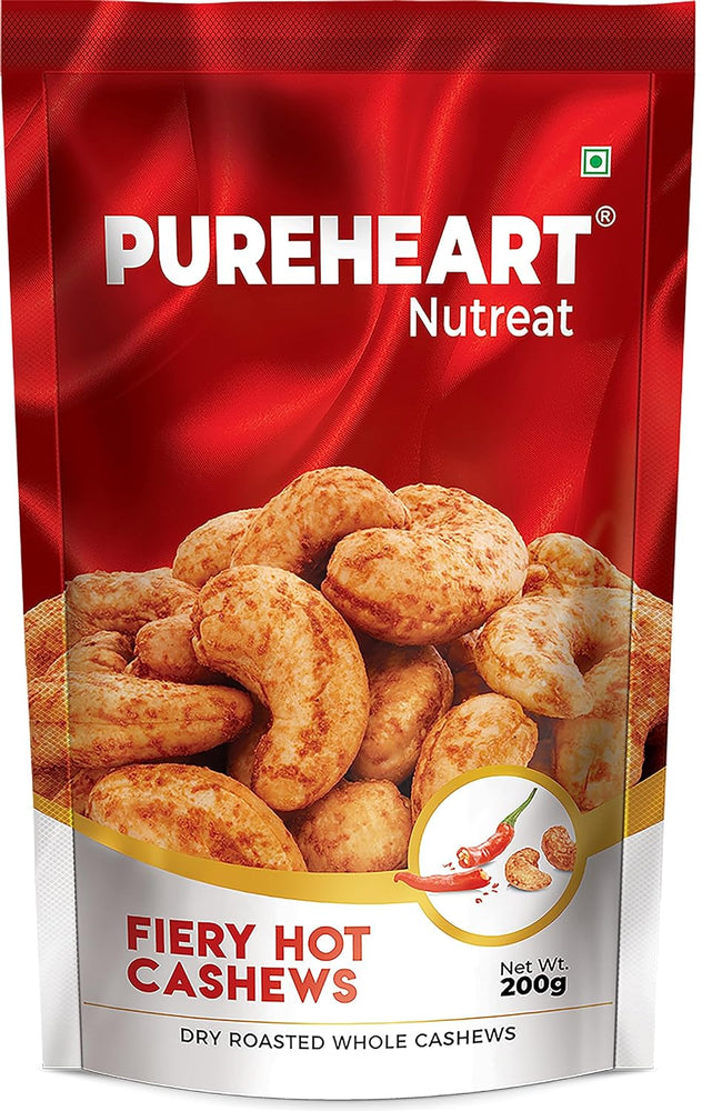 Pureheart Nutreat Fiery Hot Cashews - Natural Premium Spicy Roasted Whole Cashew Nuts/Kaju Dry Fruit, Crunchy & Delicious Chili Cashews - Resealable Pouch