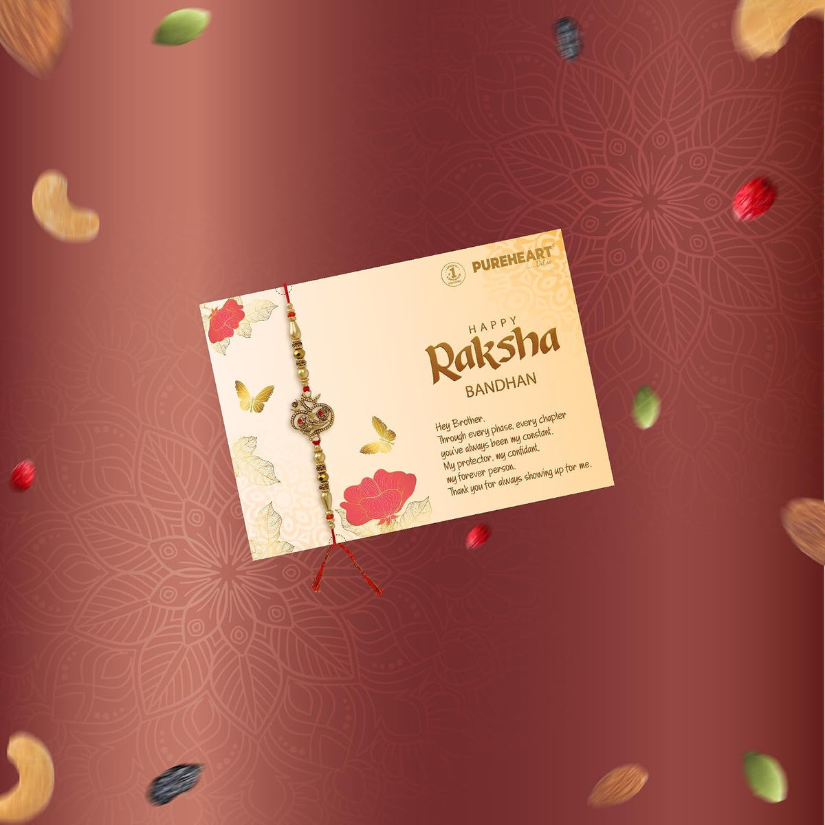 PUREHEART Rakhi Gift Hamper- Cherokee Trail Mix (80g) and Chocolates with Ganpati Rakhi for Brother, Gift Card, Pooja Rice, Kumkum - Crunchy Dry Fruits and Nuts