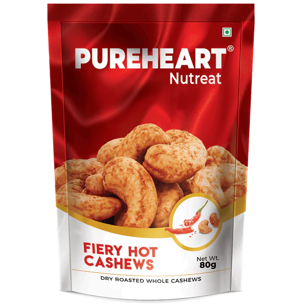 Pureheart Nutreat Fiery Hot Cashews  Natural Premium Spicy Roasted Whole Cashew Nuts/Kaju Dry Fruit, Crunchy & Delicious Chili Cashews - Resealable Pouch