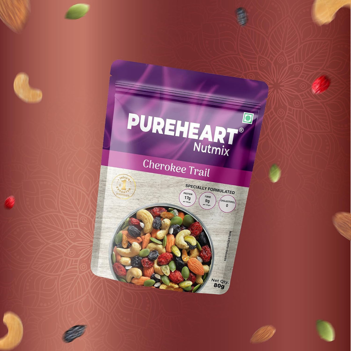 PUREHEART Rakhi Gift Hamper- Cherokee Trail Mix (80g) and Chocolates with Floral Rakhi for Brother, Gift Card, Pooja Rice, Kumkum - Dry Fruits and Nuts Gift