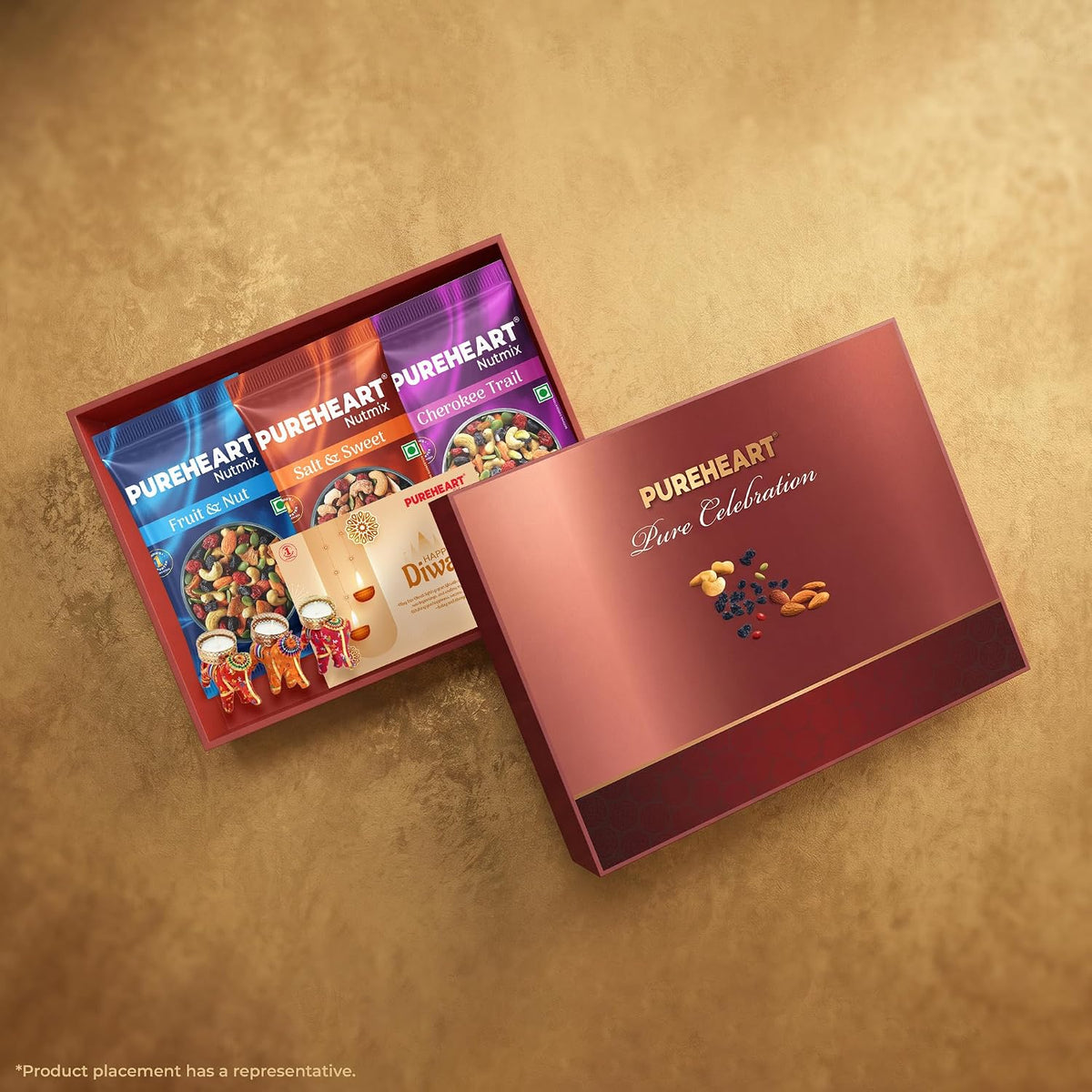 PUREHEART Diwali Gift Hamper - Trail Mix & Nutmixes (25g each), Diya, Card