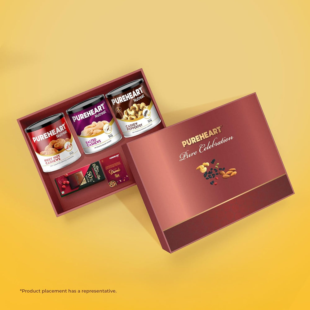 PUREHEART Premium Diwali Gift Hamper | Corporate Dry Fruits Gift Box with Fiery Hot Cashews, Pepper and Salted Cashews (333g each), Bournville Chocolate, Diwali Greeting Card