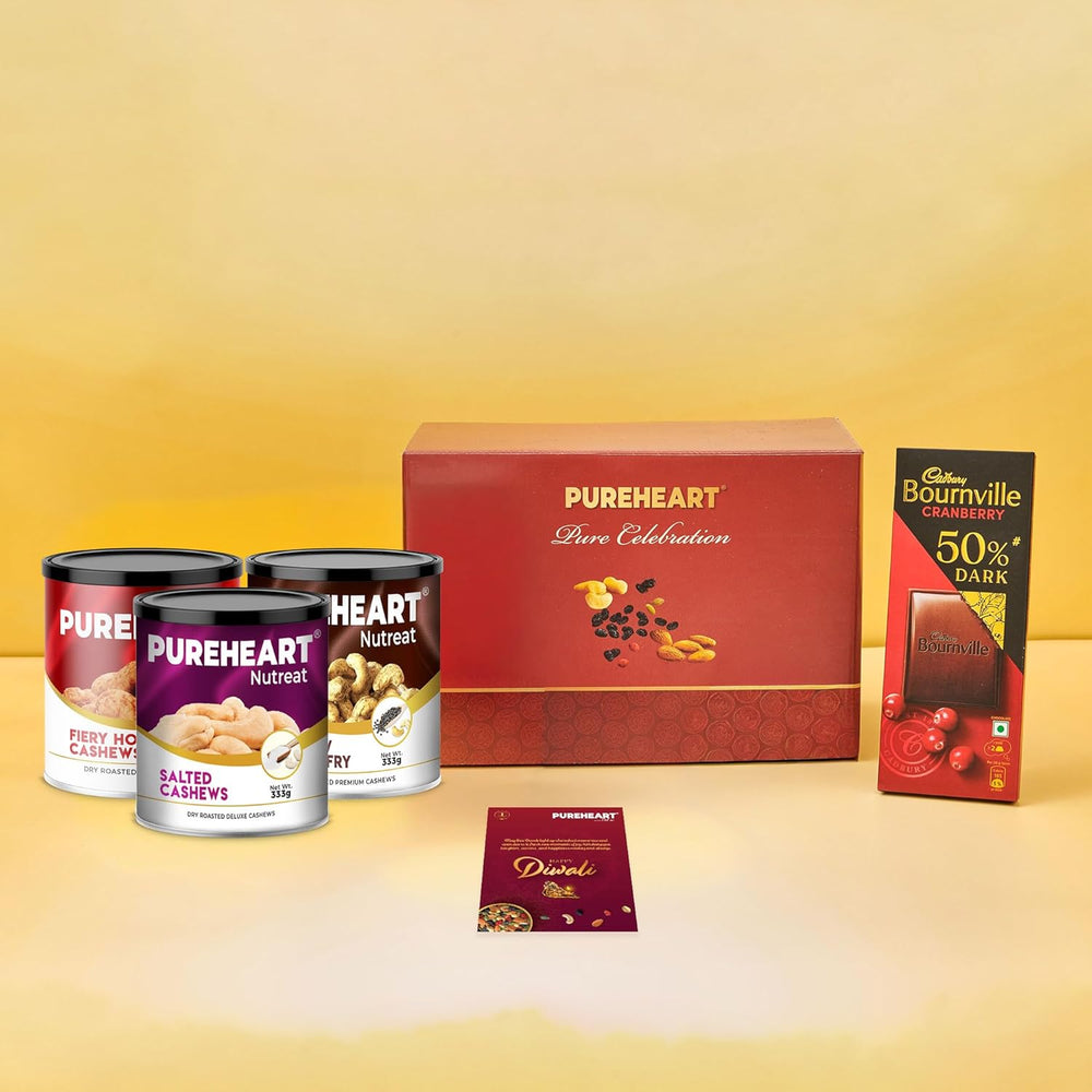 PUREHEART Premium Diwali Gift Hamper | Corporate Dry Fruits Gift Box with Fiery Hot Cashews, Pepper and Salted Cashews (333g each), Bournville Chocolate, Diwali Greeting Card
