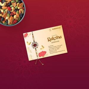 PUREHEART Rakhi Gift Hamper- Cherokee Trail Mix (80g) and Chocolates with Floral Rakhi for Brother, Gift Card, Pooja Rice, Kumkum - Dry Fruits and Nuts Gift