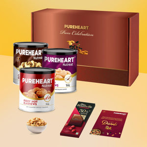 PUREHEART Premium Diwali Gift Hamper | Corporate Dry Fruits Gift Box with Fiery Hot Cashews, Pepper and Salted Cashews (333g each), Bournville Chocolate, Diwali Greeting Card