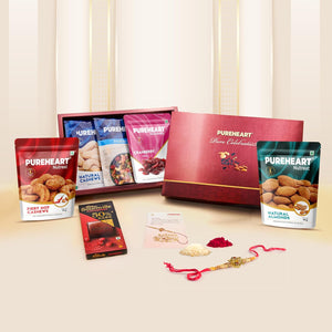 PUREHEART Rakhi Gift Hamper - Natural and Fieryhot Cashews, Almonds, Fruit & Nut Nutmix, Cranberries (80 g, each), Dark Chocolate with Rakhi for Brother, Card, Rice, Kumkum