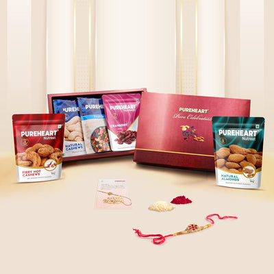 PUREHEART Rakhi Gift Hamper - Natural and Fieryhot Cashews, Almonds, Fruit & Nut Nutmix, Cranberries (80 g, each) with Floral Rakhi for Brother, Card, Rice, Kumkum