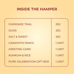 PUREHEART Rakhi Gift Hamper- Vanilla Cashew & Choco Almonds, Cherokee Trail Mix, Sweet & Salt Nutmix (25 g Each) with Chocolate and Floral Rakhi for Brother, Gift Card, Pooja Rice, Kumkum - Crunchy Dry Fruits and Nuts