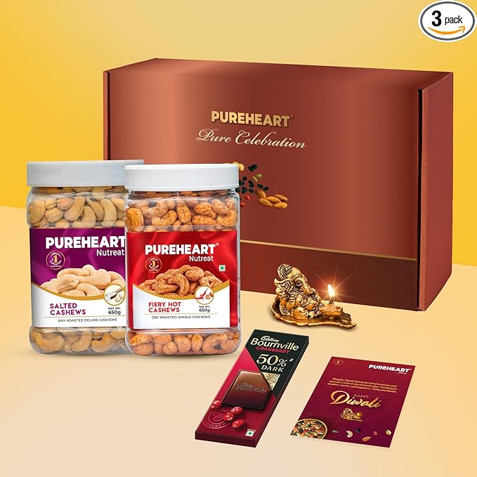 PUREHEART Premium Diwali Gift Hamper | Dry Fruits Gift Box with Fiery Hot Cashews, Salted Cashews (650g each), Bournville Chocolate, Ganpati Diya & Diwali Greeting Card | Corporate Gifting