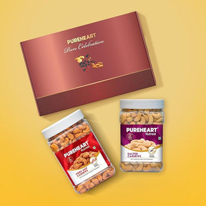 PUREHEART Premium Diwali Gift Hamper | Dry Fruits Gift Box with Fiery Hot Cashews, Salted Cashews (650g each), Bournville Chocolate, Ganpati Diya & Diwali Greeting Card | Corporate Gifting