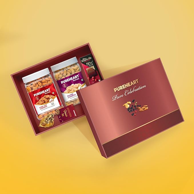 PUREHEART Premium Diwali Gift Hamper | Dry Fruits Gift Box with Fiery Hot Cashews, Salted Cashews (650g each), Bournville Chocolate, Ganpati Diya & Diwali Greeting Card | Corporate Gifting