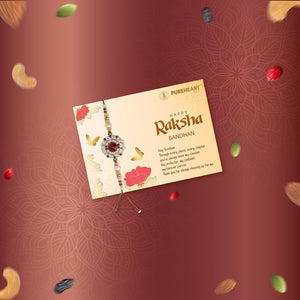 PUREHEART Rakhi Gift Hamper Premium Dry Fruits Salted Cashews, Fiery Hot Cashews (333g, each), Dark Chocolate with Rakhi for Brother, Gift Card, Pooja Rice, Kumkum