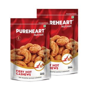 Pureheart Nutreat Fiery Hot Cashews  Natural Premium Spicy Roasted Whole Cashew Nuts/Kaju Dry Fruit, Crunchy & Delicious Chili Cashews - Resealable Pouch