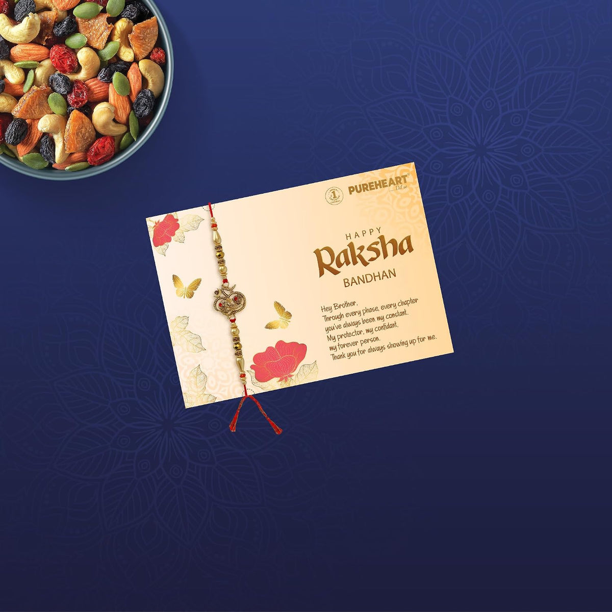 PUREHEART Rakhi Gift Hamper- Natural Cashews, Fruit & Nut Nutmix and Cranberries(80g, each) with Designer Rakhi for Brother, Gift Card, Pooja Rice, Kumkum - Crunchy Dry Fruits and Nuts