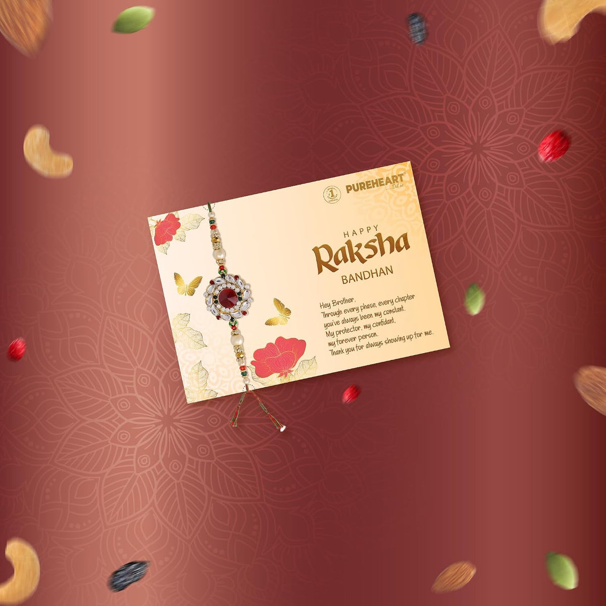 PUREHEART Rakhi Gift Hamper - Natural and Fieryhot Cashews, Almonds, Fruit & Nut Nutmix, Cranberries (80 g, each) with Floral Rakhi for Brother, Card, Rice, Kumkum