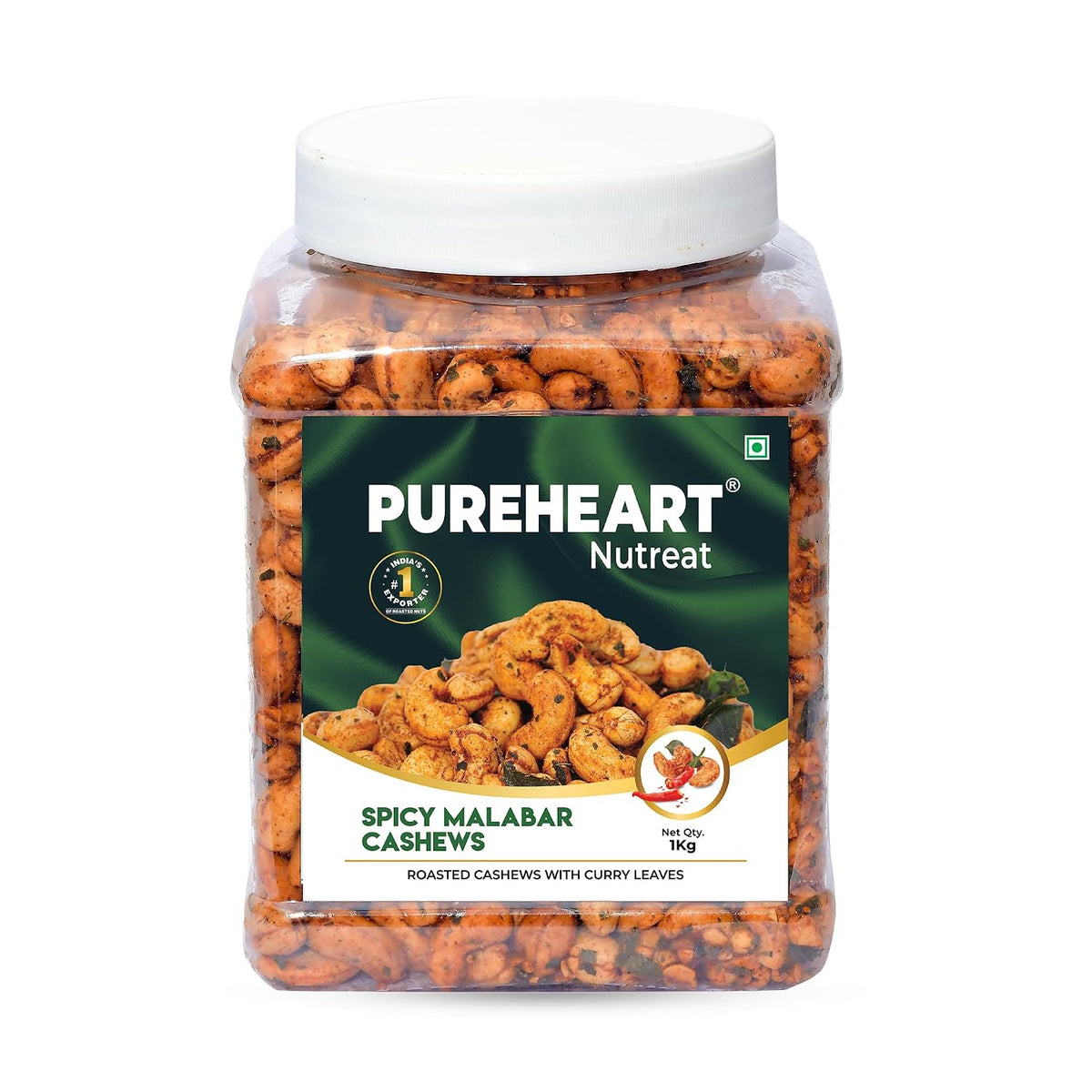 Pureheart Spicy Malabar Cashews 80g | Roasted Masala Kaju with Curry Leaves | Premium Crunchy Flavored Cashew Nuts | Healthy Snack, Protein Rich Dry Fruits | Spicy Roasted Nuts Pack