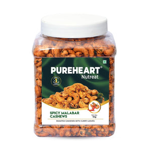 Pureheart Spicy Malabar Cashews 80g | Roasted Masala Kaju with Curry Leaves | Premium Crunchy Flavored Cashew Nuts | Healthy Snack, Protein Rich Dry Fruits | Spicy Roasted Nuts Pack