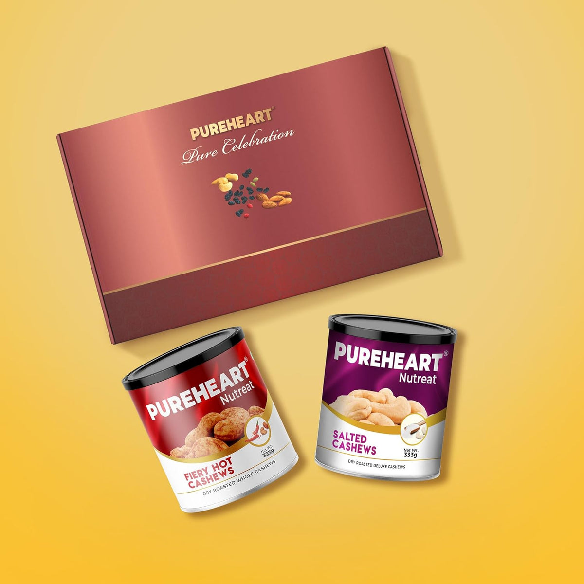 PUREHEART Rakhi Gift Hamper Premium Dry Fruits Salted Cashews, Fiery Hot Cashews (333g, each), Dark Chocolate with Rakhi for Brother, Gift Card, Pooja Rice, Kumkum