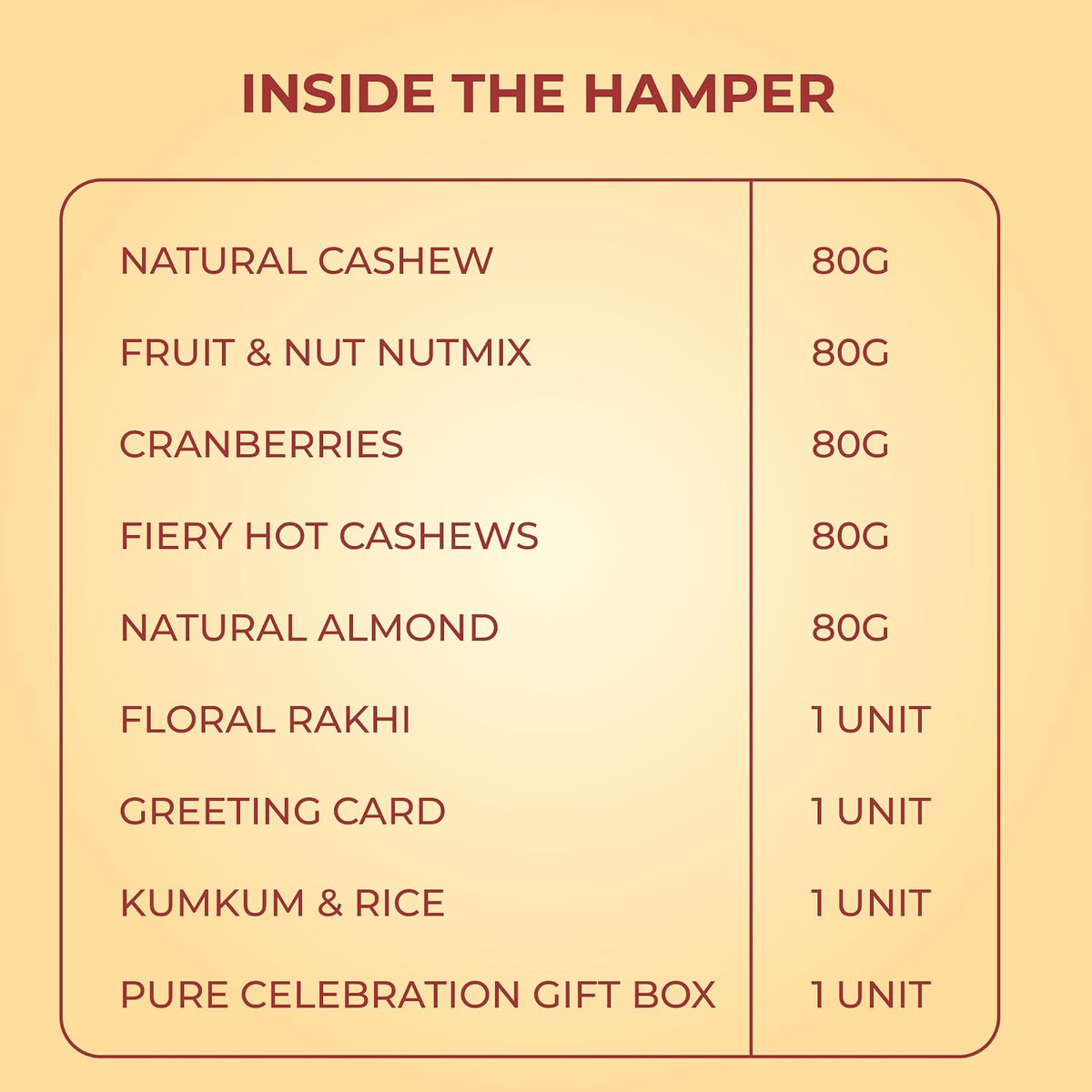 PUREHEART Rakhi Gift Hamper - Natural and Fieryhot Cashews, Almonds, Fruit & Nut Nutmix, Cranberries (80 g, each) with Floral Rakhi for Brother, Card, Rice, Kumkum