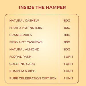 PUREHEART Rakhi Gift Hamper - Natural and Fieryhot Cashews, Almonds, Fruit & Nut Nutmix, Cranberries (80 g, each) with Floral Rakhi for Brother, Card, Rice, Kumkum