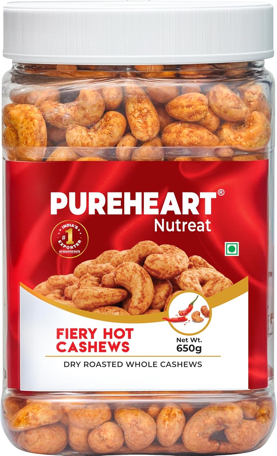 Pureheart Nutreat Fiery Hot Cashews  Natural Premium Spicy Roasted Whole Cashew Nuts/Kaju Dry Fruit, Crunchy & Delicious Chili Cashews - Resealable Pouch