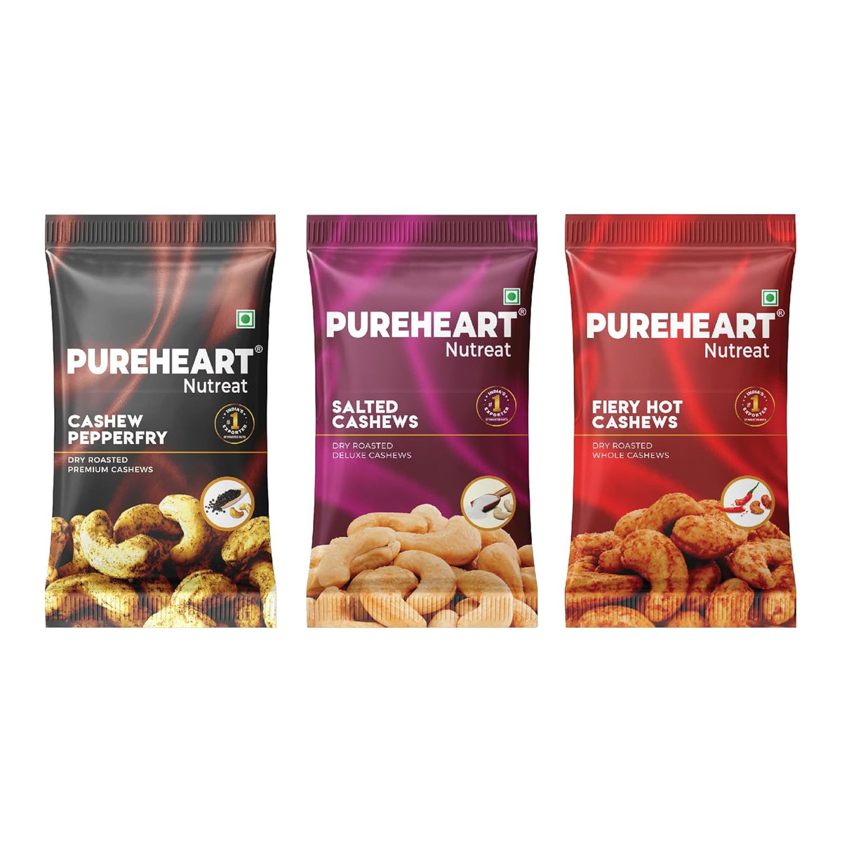 PUREHEART Combo of Fiery Hot Cashews, Pepperfry Cashew and Salted Cashews (15 gm, each) | Protein & Fiber Rich Crunchy Dry Fruit Snack | No Artificial Colors, Flavors, Preservatives