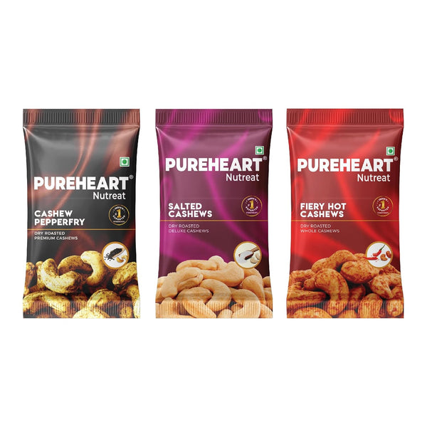 PUREHEART Combo of Fiery Hot Cashews, Pepperfry Cashew and Salted Cashews (15 gm, each) | Protein & Fiber Rich Crunchy Dry Fruit Snack | No Artificial Colors, Flavors, Preservatives