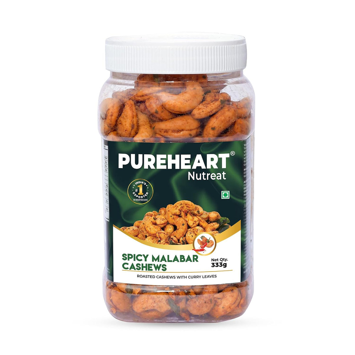 Pureheart Spicy Malabar Cashews 80g | Roasted Masala Kaju with Curry Leaves | Premium Crunchy Flavored Cashew Nuts | Healthy Snack, Protein Rich Dry Fruits | Spicy Roasted Nuts Pack
