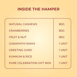 PUREHEART Rakhi Gift Hamper- Natural Cashews, Fruit & Nut Nutmix and Cranberries(80g, each) with Designer Rakhi for Brother, Gift Card, Pooja Rice, Kumkum - Crunchy Dry Fruits and Nuts