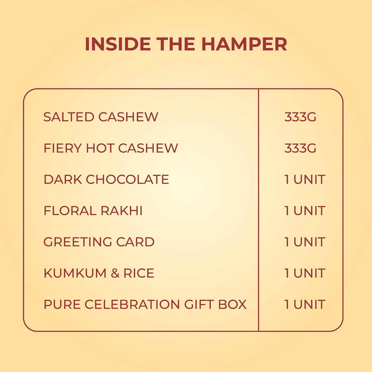 PUREHEART Rakhi Gift Hamper Premium Dry Fruits Salted Cashews, Fiery Hot Cashews (333g, each), Dark Chocolate with Rakhi for Brother, Gift Card, Pooja Rice, Kumkum