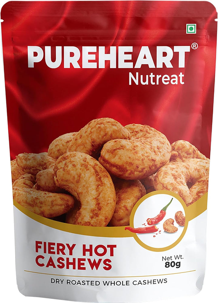 Pureheart Nutreat Fiery Hot Cashews - Natural Premium Spicy Roasted Whole Cashew Nuts/Kaju Dry Fruit, Crunchy & Delicious Chili Cashews - Resealable Pouch