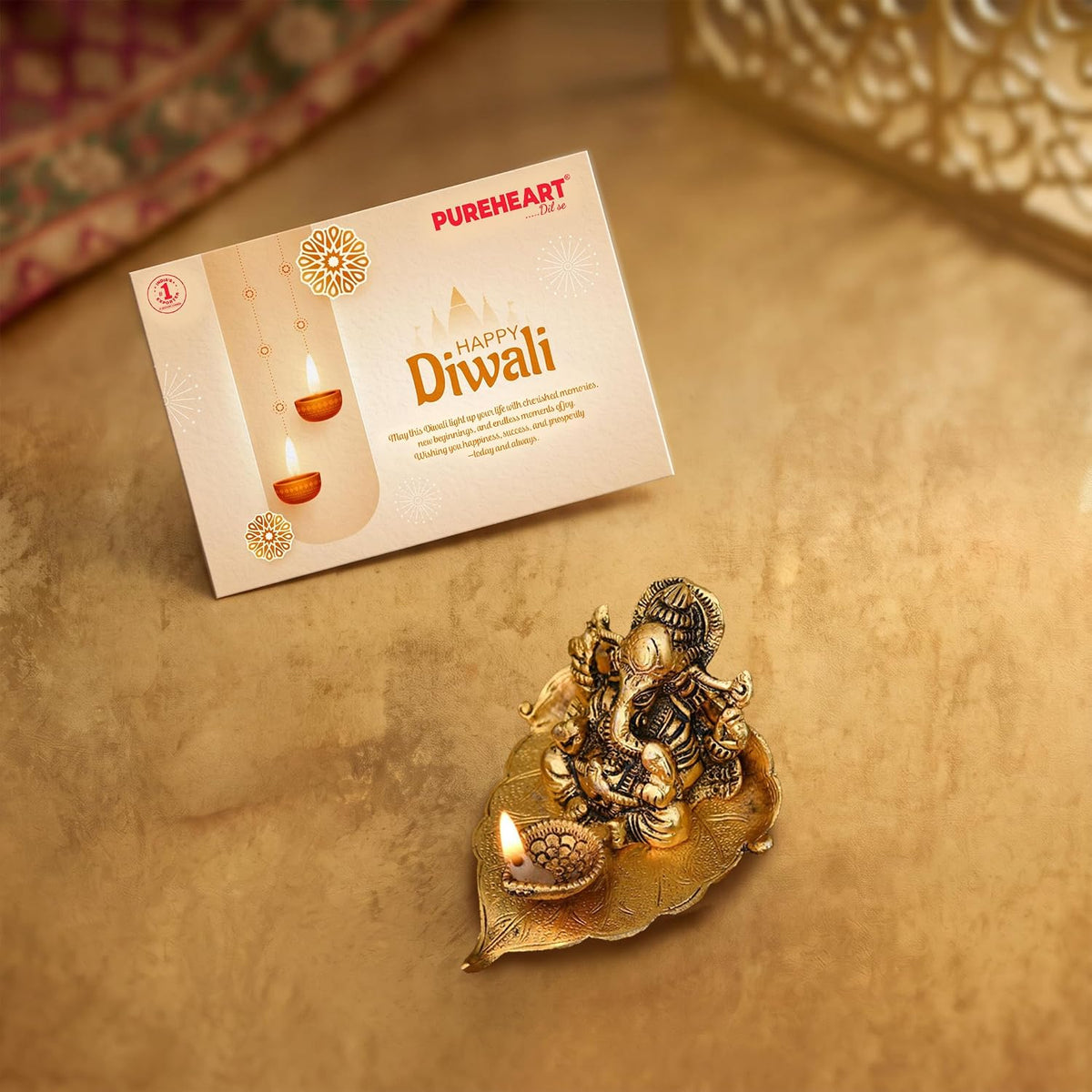 PUREHEART Diwali Gift Hamper | Exotic Nuts & Dry Fruits, Ganpati Diya, Card