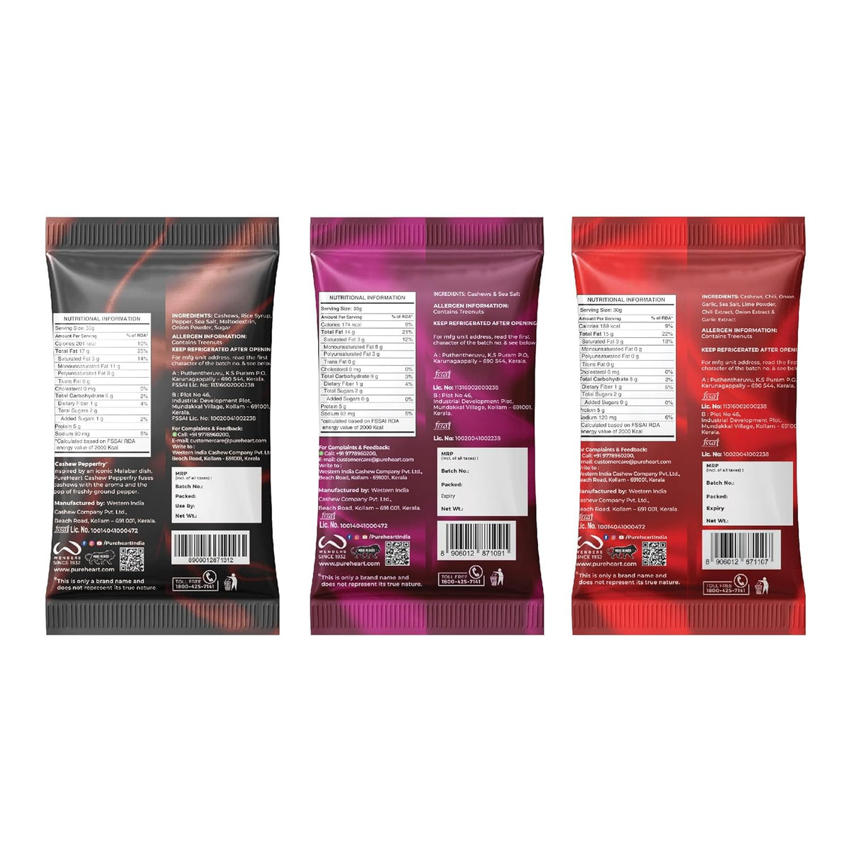 PUREHEART Combo of Fiery Hot Cashews, Pepperfry Cashew and Salted Cashews (15 gm, each) | Protein & Fiber Rich Crunchy Dry Fruit Snack | No Artificial Colors, Flavors, Preservatives