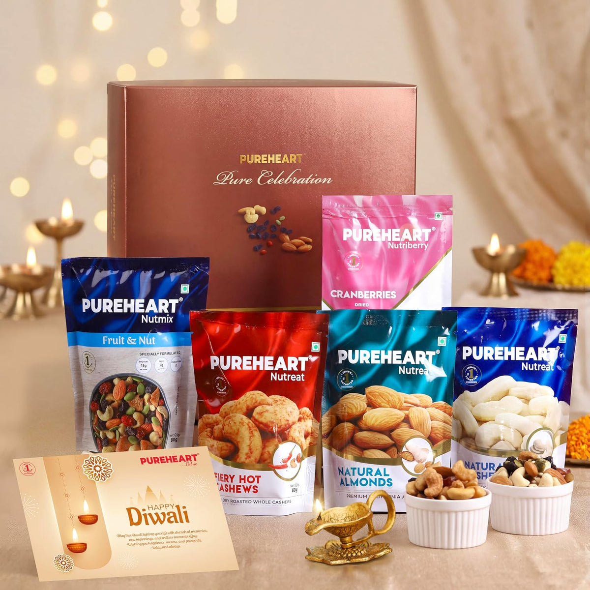 PUREHEART Premium Diwali Gift Hamper | Exotic Nuts & Dry Fruits, Diya, Card