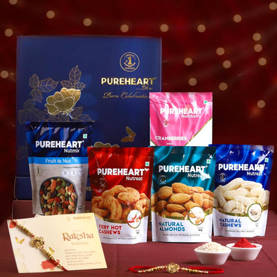 PUREHEART Rakhi Gift Hamper - Natural and Fieryhot Cashews, Almonds, Fruit & Nut Nutmix, Cranberries (80 g, each), Dark Chocolate with Rakhi for Brother, Card, Rice, Kumkum