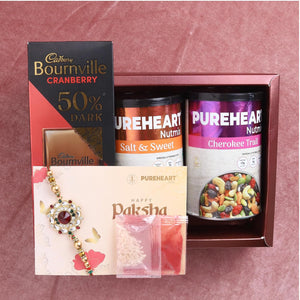 PUREHEART Rakhi Gift Hamper Cherokee Trail Mix, Sweet & Salt Nutmix (454g, each), Dark Chocolate with Rakhi for Brother, Gift Card, Pooja Rice, Kumkum