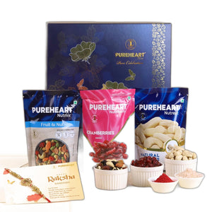 PUREHEART Rakhi Gift Hamper- Natural Cashews, Fruit & Nut Nutmix and Cranberries(80g, each) with Designer Rakhi for Brother, Gift Card, Pooja Rice, Kumkum - Crunchy Dry Fruits and Nuts