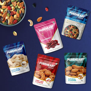 PUREHEART Rakhi Gift Hamper - Natural and Fieryhot Cashews, Almonds, Fruit & Nut Nutmix, Cranberries (80 g, each), Dark Chocolate with Rakhi for Brother, Card, Rice, Kumkum