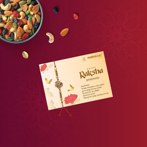 PUREHEART Rakhi Gift Hamper- Vanilla Cashew & Choco Almonds, Cherokee Trail Mix, Sweet & Salt Nutmix (25 g Each) with Chocolate and Floral Rakhi for Brother, Gift Card, Pooja Rice, Kumkum - Crunchy Dry Fruits and Nuts