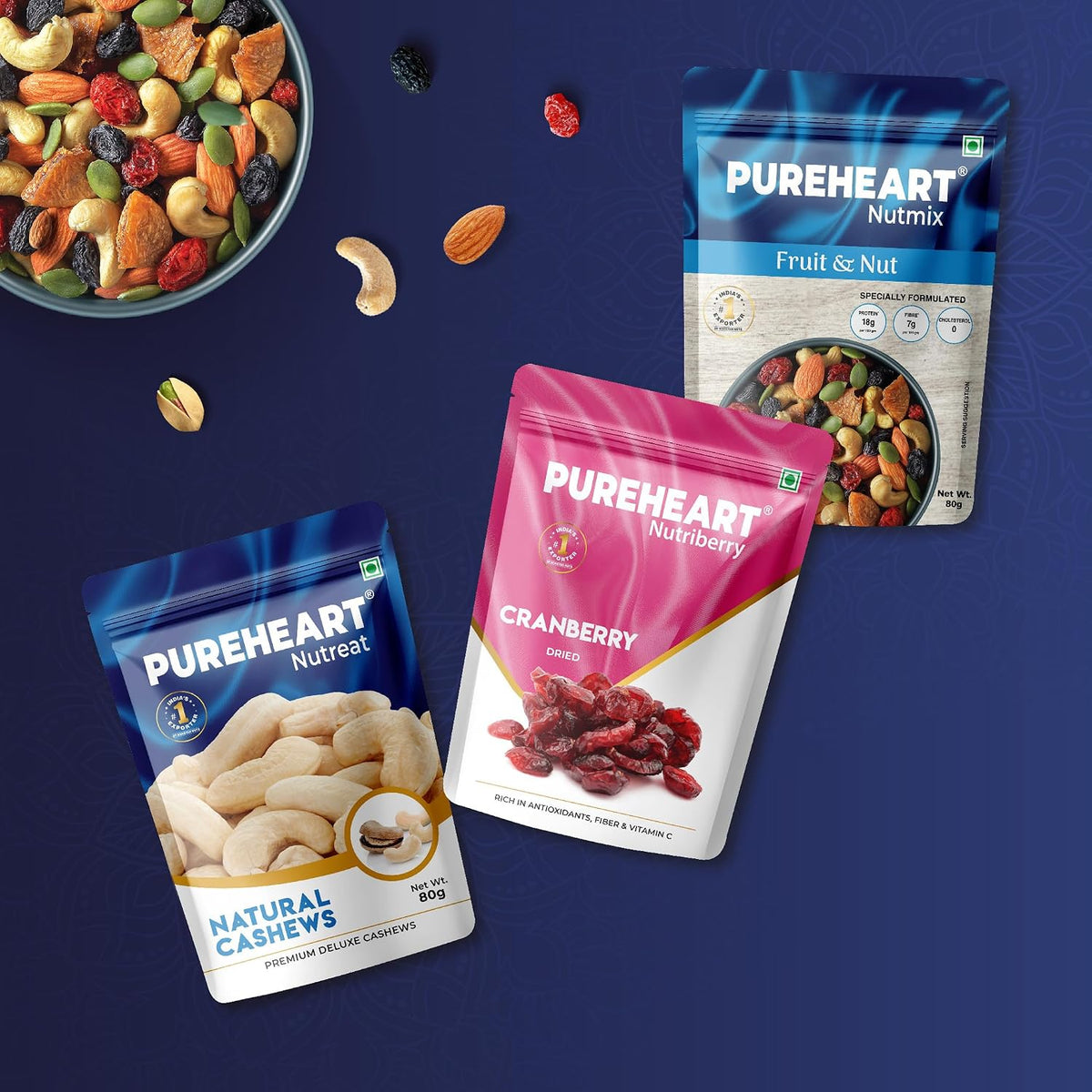 PUREHEART Rakhi Gift Hamper- Natural Cashews, Fruit & Nut Nutmix and Cranberries(80g, each) with Designer Rakhi for Brother, Gift Card, Pooja Rice, Kumkum - Crunchy Dry Fruits and Nuts